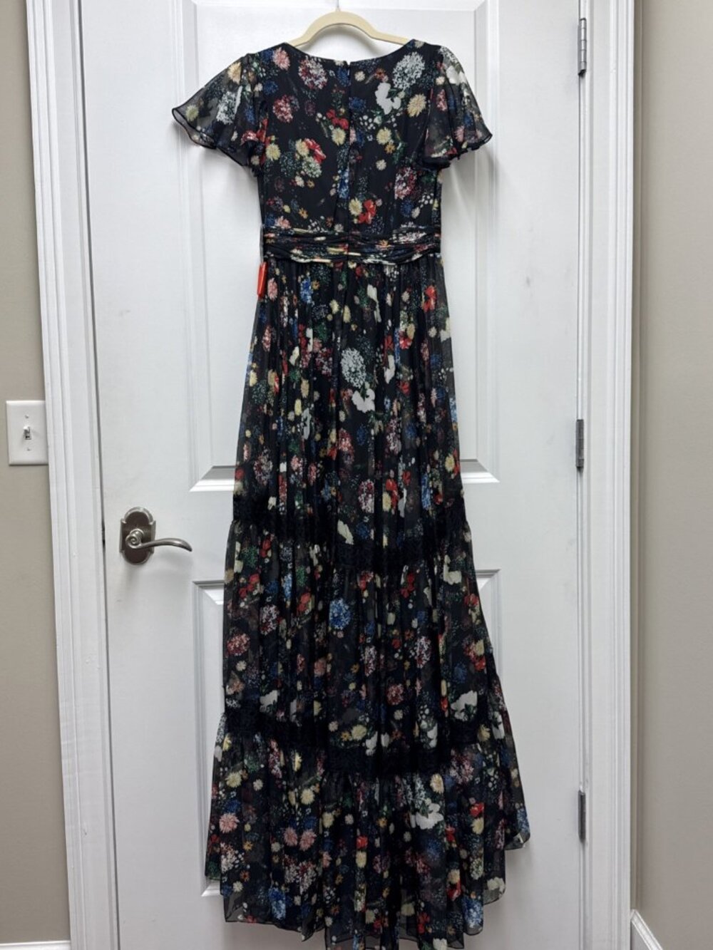 Mac Duggal Size 2 Black 67934 Floral Wrap Maxi Dress Butterly Sleeve Tiered NWT - Picture 9 of 15